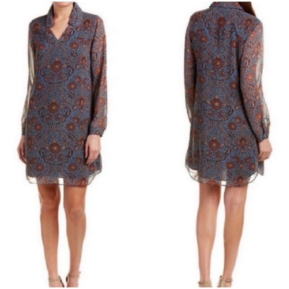 Cabi 3295 Women XXS Blue Rust Floral Damask Long Sleeve Shift Mini Dress